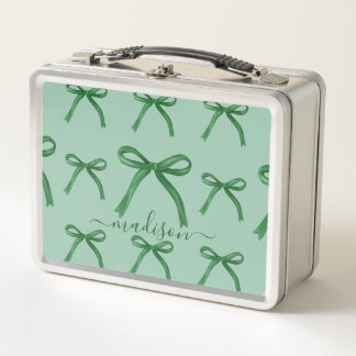 Cute personalised elegant green bow pattern metal lunch box