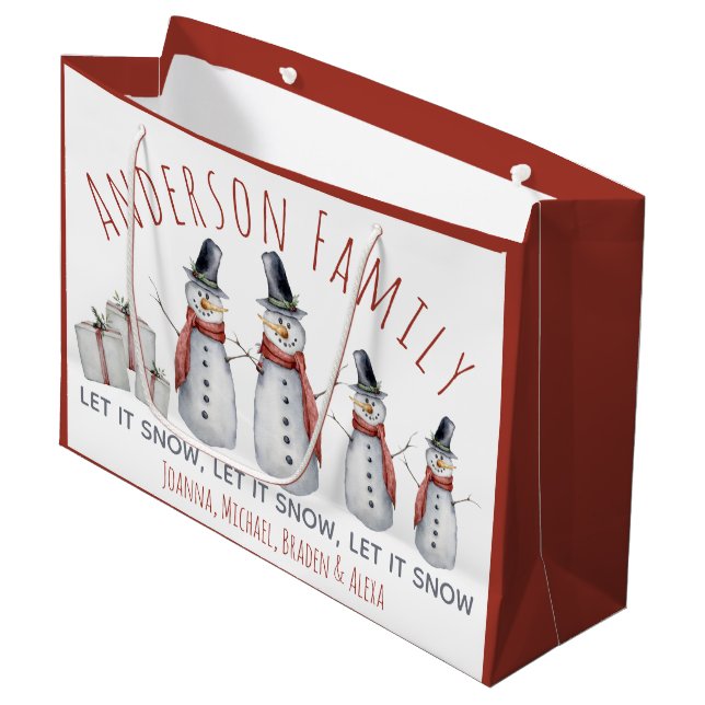 Cute Personalised Family Name Snowman Let it Snow  Large Gift Bag (Front Angled)