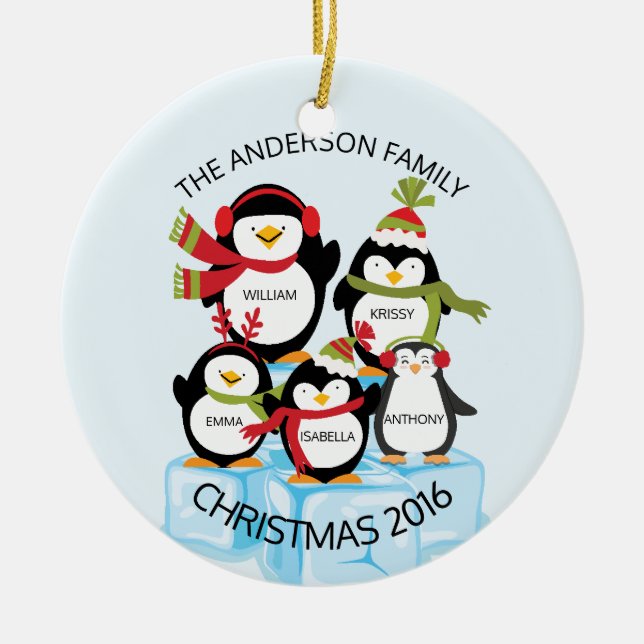 CUTE Personalised Family Of 5 Penguins Christmas Ceramic Ornament (Front)