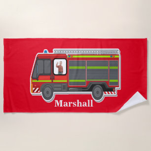 Cute personalised fire engine kids photo beach towel