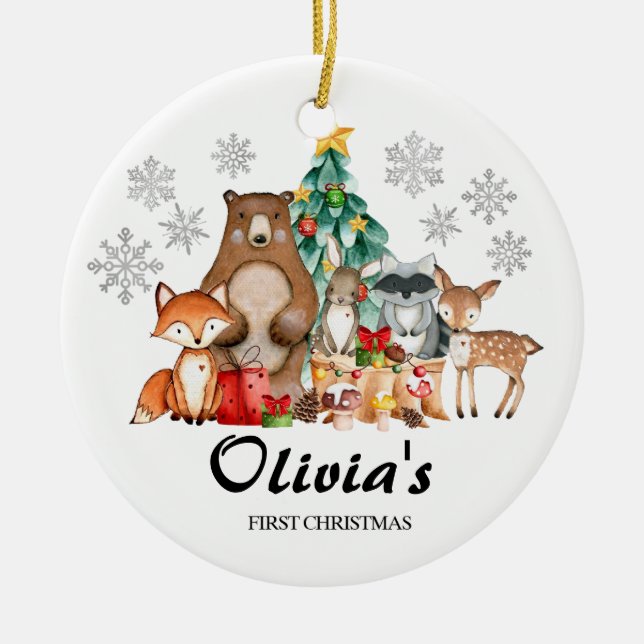 Cute Personalised First's Christmas animal Ceramic Ornament (Front)