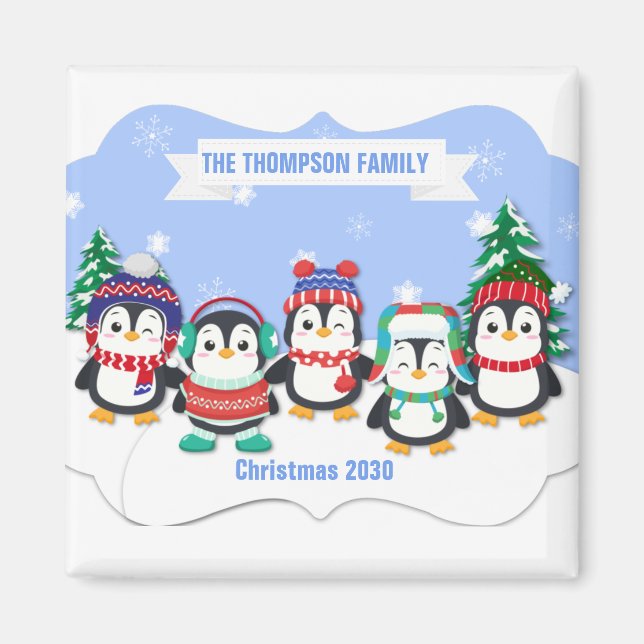 Cute Personalised Five Penguin  Christmas Magnet (Front)