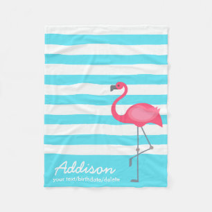 Cute Personalised Flamingo Tropical Blue Stripe Fleece Blanket
