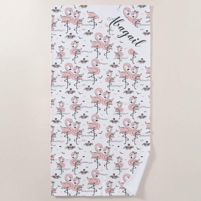 Cute Personalised Flamingos and Crabs  Beach Towel (Front)