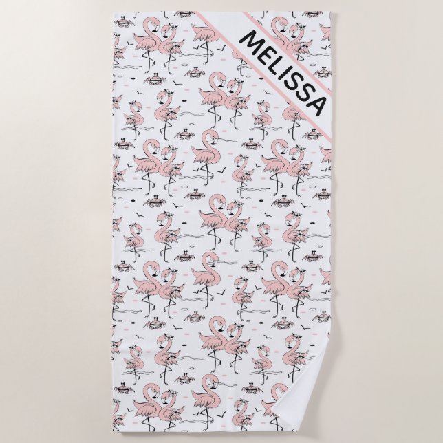 Cute Personalised Flamingos and Crabs  Beach Towel (Front)