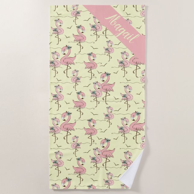 Cute Personalised Flamingos  Beach Towel (Front)