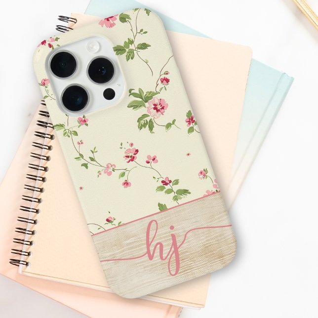 Cute Personalised Floral Wood Script Monogram Case-Mate iPhone Case (Creator Uploaded)