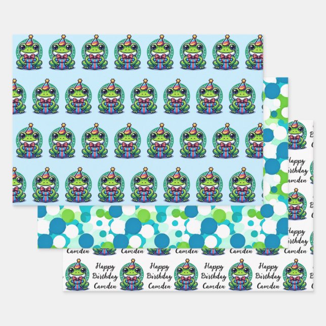 Cute Personalised Frog Themed Birthday Wrapping Paper Sheet (Set)