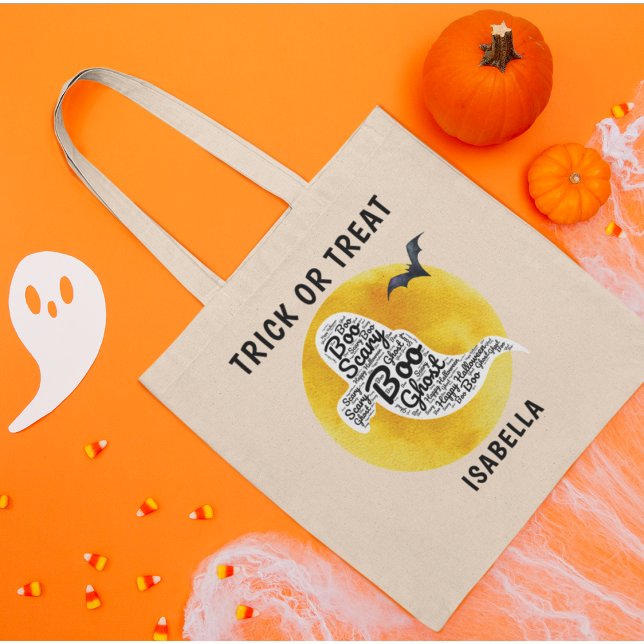 Cute Personalised Ghost Word Art Trick or Treat Tote Bag (Creator Uploaded)