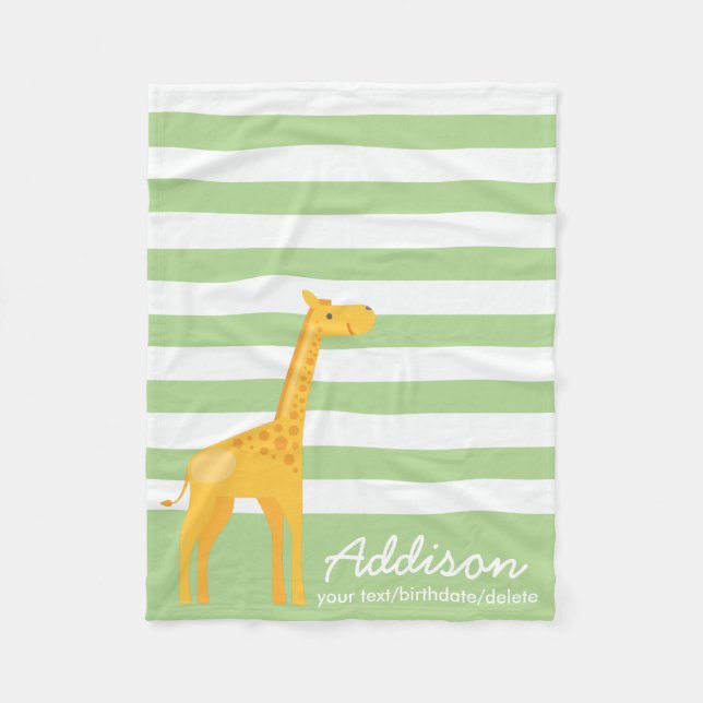 Cute Personalised Giraffe Jungle Mint Green Stripe Fleece Blanket (Front)