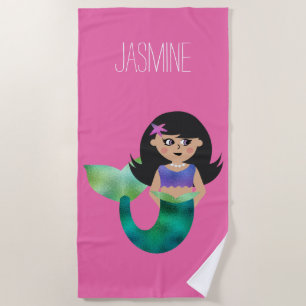 Cute Personalised Girls Latino Faux Foil Mermaid Beach Towel