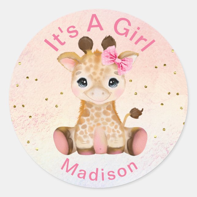 Cute Personalised Girls Pink Baby Giraffe Sticker (Front)
