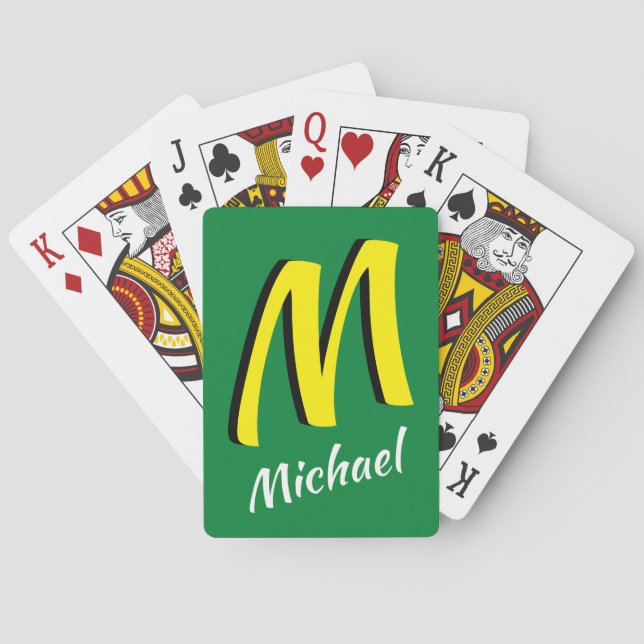 Cute Personalised Green and Yellow Shadow Monogram Playing Cards (Back)