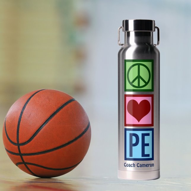 Cute Personalised Gym Teacher Peace Love P.E. Water Bottle (Creator Uploaded)