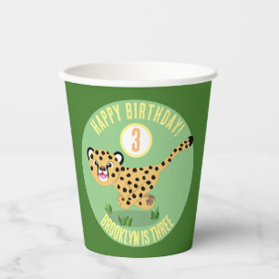 Cute personalised happy cheetah birthday cartoon paper cups