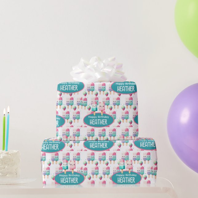 Cute Personalised IcePop Summer Birthday Girls Wrapping Paper (Party Gifts)
