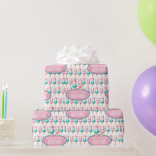 Cute Personalised IcePop Summer Birthday Girls Wrapping Paper (Party Gifts)