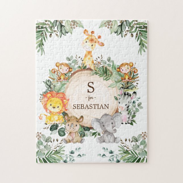 Cute Personalised Jungle Safari Animals Monogram Jigsaw Puzzle (Vertical)