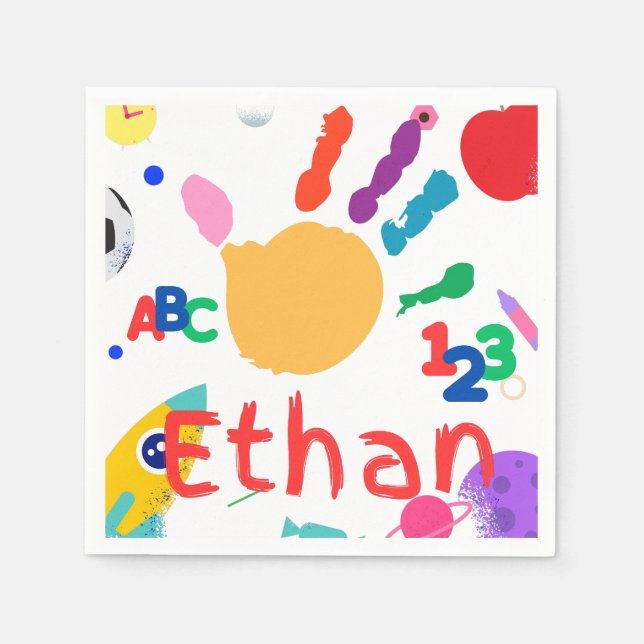 Cute Personalised Kid's ABC Hand Paint 123 Napkin (Front)