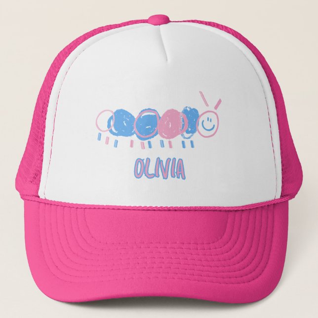 Cute Personalised Kids Doodle Worm Drawing Trucker Hat (Front)