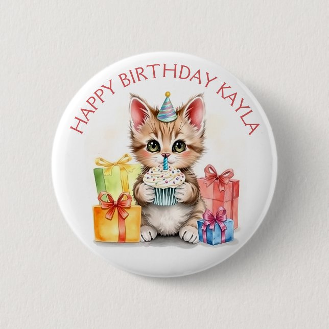 Cute Personalised Kitten in Birthday Hat  6 Cm Round Badge (Front)