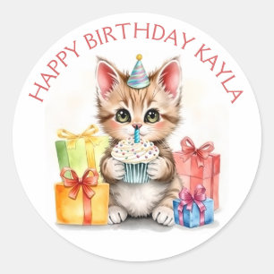 Cute Personalised Kitten in Birthday Hat Classic Round Sticker