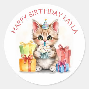Cute Personalised Kitten in Birthday Hat  Classic Round Sticker