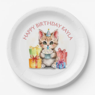Cute Personalised Kitten in Birthday Hat  Paper Plate