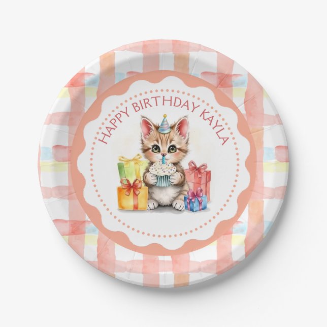 Cute Personalised Kitten in Birthday Hat  Paper Plate (Front)