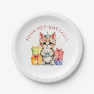 Cute Personalised Kitten in Birthday Hat Paper Plate