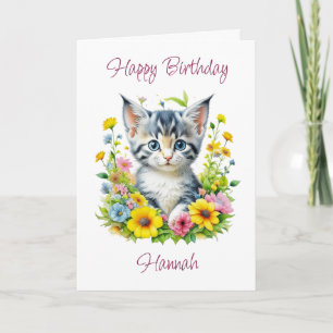 Cute Personalised Kitten in Flowers Birthday Card