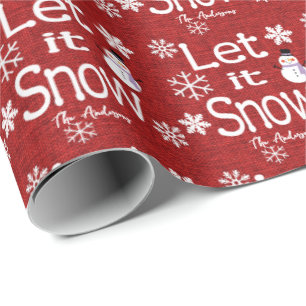 Cute Personalised Let it Snow Red Linen Snowman Wrapping Paper