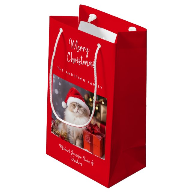 Cute Personalised Merry Christmas Cat Photo Small Gift Bag (Back Angled)