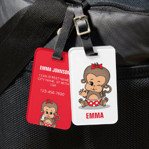 Cute Personalised Monkey Girl Luggage Tag (Waving)