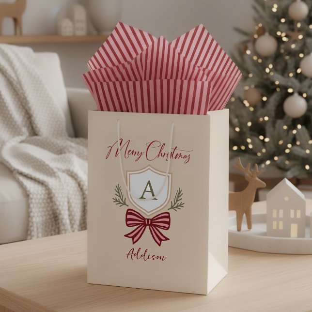 Cute Personalised Monogram Crest Bow Christmas Medium Gift Bag (Listing for gift bag only.  Tissue paper sold separately.)