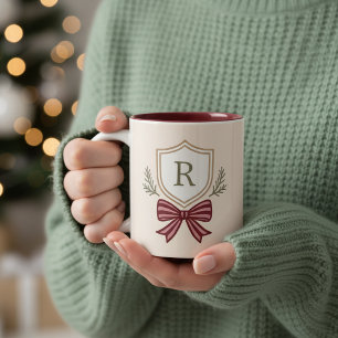 Cute Personalised Monogram Initial Bow Christmas Two-Tone Coffee Mug