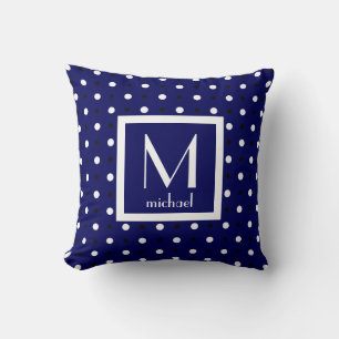 Cute Personalised Monogram, Navy Blue w Polka Dots Cushion