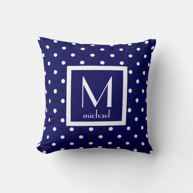 Cute Personalised Monogram, Navy Blue w Polka Dots Cushion (Front)