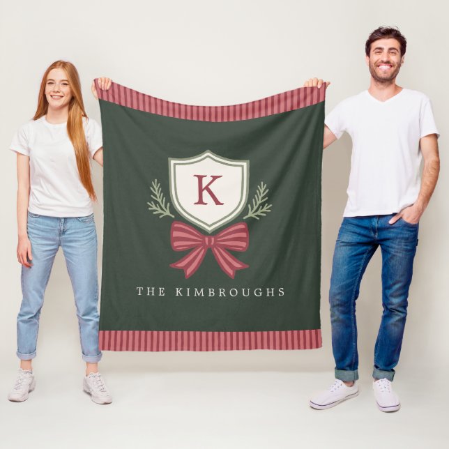 Cute Personalised Monogram Striped Bow Christmas Fleece Blanket (In Situ)