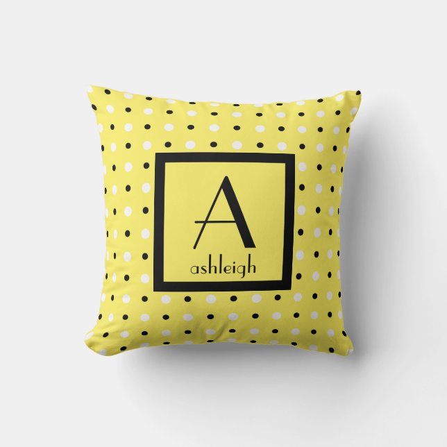 Cute Personalised Monogram, Yellow w Polka Dots Cushion (Front)