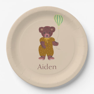 Cute Personalised Name Bear Beige Children's  Paper Plate