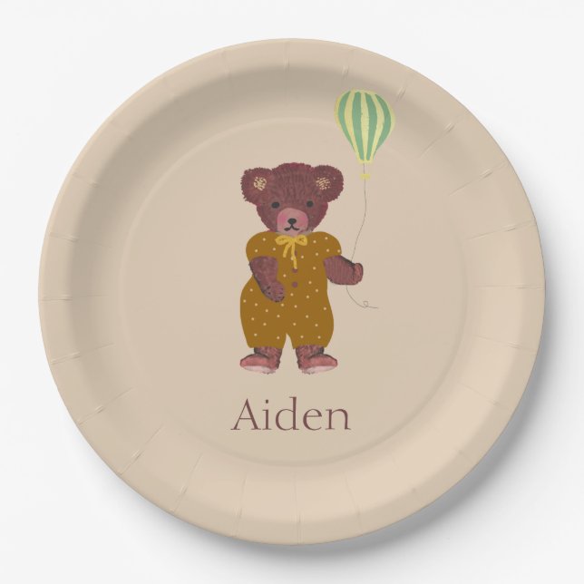 Cute Personalised Name Bear Beige Children's  Paper Plate (Front)