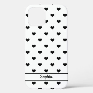 Cute personalised name black white hearts pattern iPhone 12 case