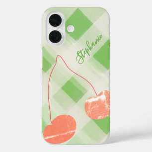 Cute Personalised Name Gingham Green Cream Cherry  iPhone 16 Case