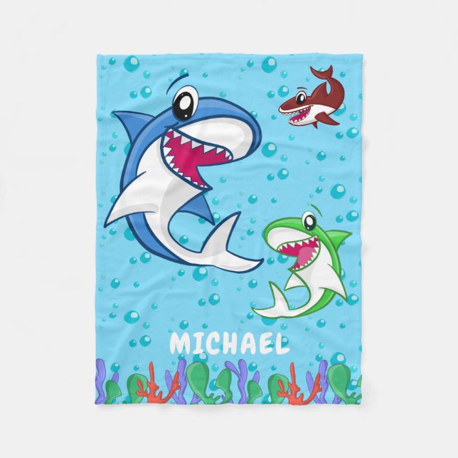 Cute Personalised Name Shark Ocean Sea Life Kids Fleece Blanket (Front)