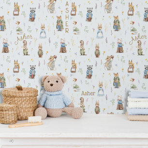 Cute Personalised Name Woodland Animals Blue Boy Wallpaper
