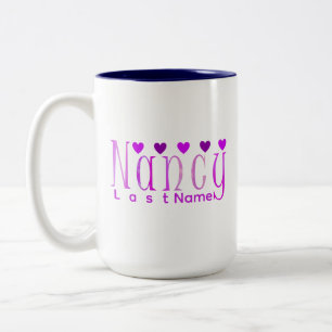 Cute Personalised "Nancy" Name and Hearts in Pink Two-Tone Coffee Mug