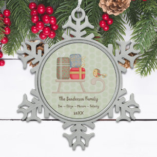Cute Personalised Nordic Christmas Sled Snowflake Pewter Christmas Ornament