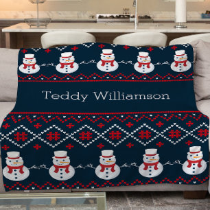 Cute personalised nordic snowman patterned  fleece blanket