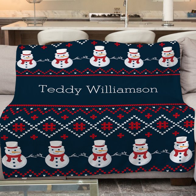 Cute personalised nordic snowman patterned  fleece blanket (Creator Uploaded)